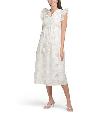 TJ Maxx Flutter Sleeve Embroidered Eyelet Tiered Midi Dress For Cotton - White