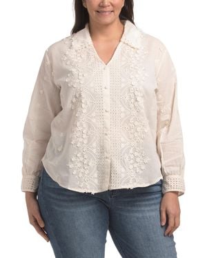 TJ Maxx Plus Embroidered Button Front Shirt For Polyester - White