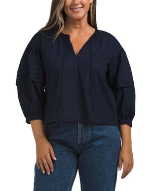 TJ Maxx Puff Sleeve Split Neck Top For Cotton - Blue
