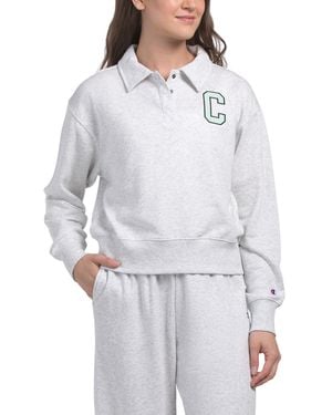 TJ Maxx Fleece Collegiate Quarter Snap Button Collar Sweater, Cotton/Polyester - White