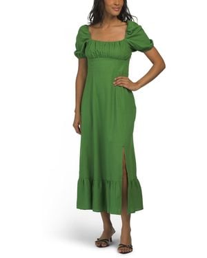 TJ Maxx Linen Blend Puff Sleeve Square Neck Empire Smocked Back Midi Dress For Polyester/Linen/Rayon - Green