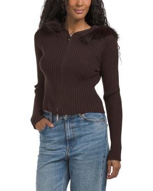 TJ Maxx Faux Fur Trim Hooded Zip Sweater, Nylon/Polyester/Rayon - Blue