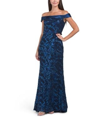 TJ Maxx Off The Shoulder Jacquard Floral Gown For Nylon/Spandex - Blue