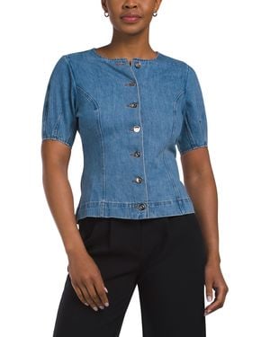 TJ Maxx Short Sleeve Button Front Waisted Denim Top For Cotton - Blue