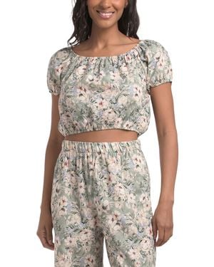 TJ Maxx Linen Blend Spring Bouquet Bubble Hem Crop Top For Cotton/Linen - Gray