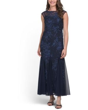 TJ Maxx Petite Embroidered Dress With Illusion Neckline For Spandex/Polyester - Blue