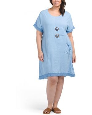 TJ Maxx Plus Linen Blend Buckle Dress With Pocket For Linen/Viscose - Blue