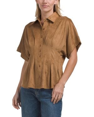 TJ Maxx Faux Suede Pintuck Blouse, Spandex/Polyester/Suede - Brown