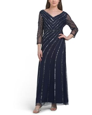 TJ Maxx Beaded V-Neck Illusion Sleeve Gown For Polyester - Blue