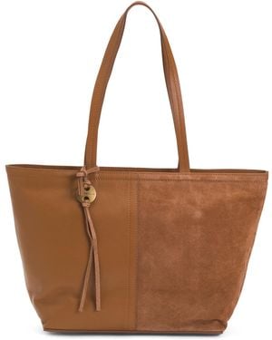 TJ Maxx Leather Pebbled Zip Top Tote With Suede Detail, Leather/Suede - Brown