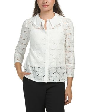 TJ Maxx Floral Embroidered Top With Crochet Collar For Nylon/Cotton - White