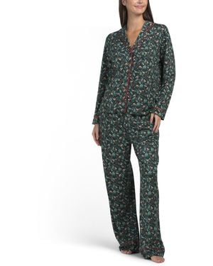 TJ Maxx Winter Forest Brushed Notch Collar Pajama Set With Hair Scrunchie For Spandex/Polyester - Green
