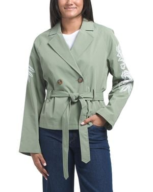 TJ Maxx Cropped Embroidered Sleeve Double Breasted Belted Trench Coat, Polyester - Green