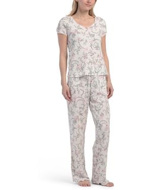 TJ Maxx 3Pc Bow Toile Waffle Henley Neck Top Shorts And Pants Set For Spandex/Polyester - Gray