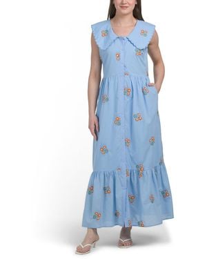 TJ Maxx Oversized Collar Embroidered Floral Maxi Dress For Cotton - Blue