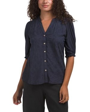 TJ Maxx Elbow Lantern Sleeve Mixed Media Button Down Diamond Floral Top For Spandex/Rayon - Blue