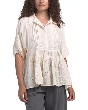 TJ Maxx Embroidered Button Front Blouse With Ruffle Details For Rayon - Natural