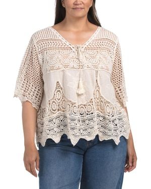 TJ Maxx Plus Crochet V-Neck Top For Cotton - Natural