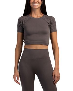 TJ Maxx Seamless Crop T-Shirt With Camo Crochet For Nylon/Spandex - Gray