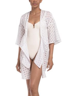 TJ Maxx Eyelet Deep V-Neck Three-Quarter Sleeve Front Knot Cover-Up Wrap For Cotton - White