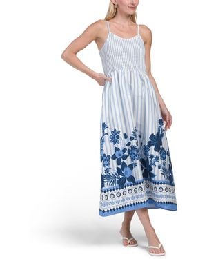 TJ Maxx Smocked Floral Striped Midi Dress For Spandex/Cotton - Blue