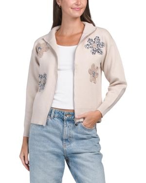 TJ Maxx Double Knit Flower Sweater Jacket, Nylon/Polyester/Rayon - Blue