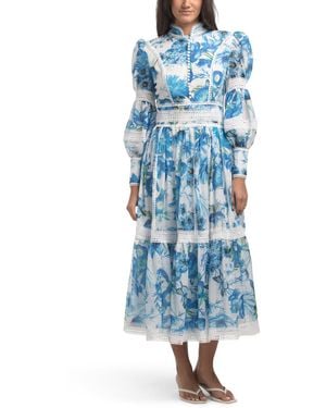 TJ Maxx Long Sleeve Floral Lace Trim Maxi Dress For Spandex/Polyester - Blue