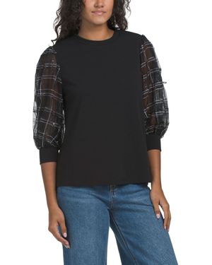 TJ Maxx Puff Sheer Checkered Sleeve Top For Spandex/Polyester - Black