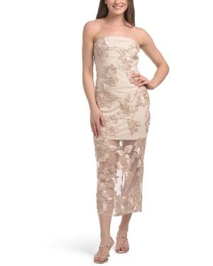 TJ Maxx Strapless Mesh Midi Dress With Embroidered Floral Applique For Nylon/Polyester - Natural