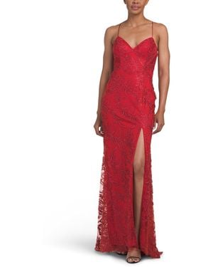 TJ Maxx Bead Embellished Floral Glitter Dress For Polyester - Red