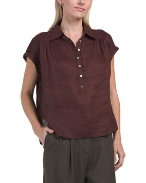 TJ Maxx Linen Short Sleeve Gathered Shoulder Collared Button Popover Top For - Purple