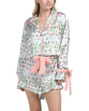 TJ Maxx Geo Palm Satin Shorts Pajama Set With Velvet Trim For Polyester - White