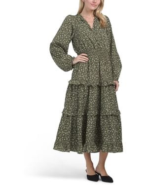 TJ Maxx Ditsy Floral Ruffle Detailed Midi Dress With Pockets For Polyester - Green