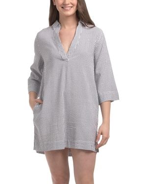 TJ Maxx Long Bell Sleeve V-Neck Seersucker Popover Short Cover-Up Tunic For Cotton/Rayon - Gray