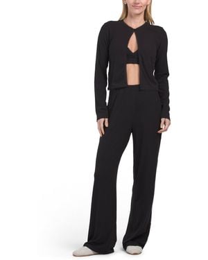 TJ Maxx 3Pc Lace Trim Bra With Cardigan And Wide Leg Pants Set, Spandex/Rayon - Black