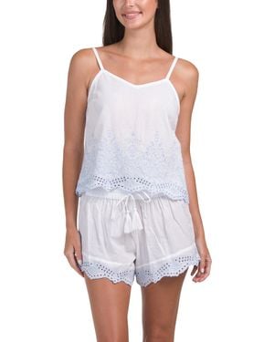 TJ Maxx 2Pc Tank And Shorts Pajama Set With Contrast Embroidery For Cotton - White