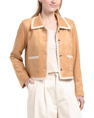 TJ Maxx Faux Suede Collared Jacket With Trim Detail, Spandex/Polyester/Suede - Natural
