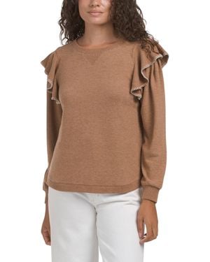 TJ Maxx Long Sleeve Mixed Media Top With Embroidered Ruffles For Spandex/Polyester/Rayon - Brown