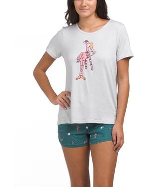 TJ Maxx 2Pc Holiday Flamingo Top And Shorts Set For Spandex/Polyester - White