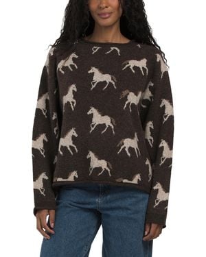 TJ Maxx Horse Jacquard Rolled Trim Long Sleeve Knit Sweater, Nylon/Spandex/Polyester - Black