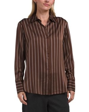 TJ Maxx Long Sleeve Button Front Satin Blouse For Spandex/Polyester - Brown