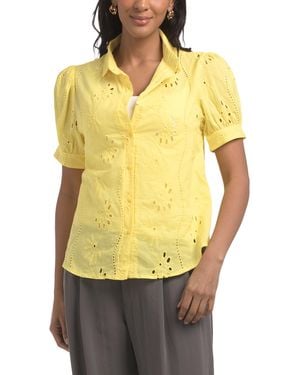 TJ Maxx Eyelet Embroidered Puff Sleeve Button Front Blouse For Cotton - Yellow