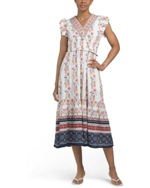 TJ Maxx Linen Blend Flutter Sleeve Floral Maxi Dress For Cotton/Polyester/Linen - White