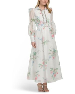 TJ Maxx Long Sleeve Floral Maxi Dress With Embellishment For Spandex/Polyester - White