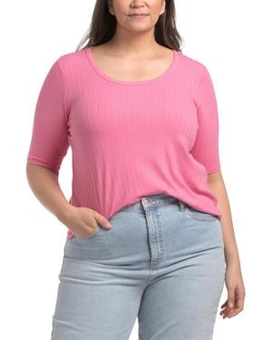 TJ Maxx Plus Elbow Sleeve Deep Scoop Neck Pointelle Ribbed Top For Spandex/Polyester/Rayon - Red
