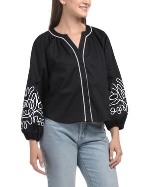 TJ Maxx Bracelet Raglan Puff Sleeve Top For Cotton - Black