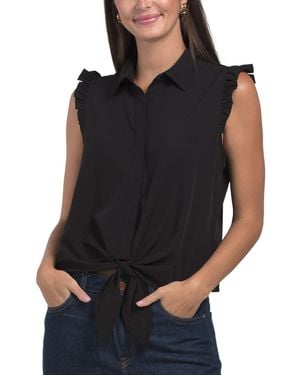 TJ Maxx Ruffle Sleeve Tie Button Front Shirt For Spandex/Polyester - Black