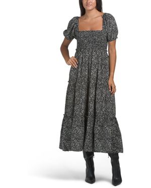 TJ Maxx Floral Smocked Puff Sleeve Midi Dress With Pockets For Polyester - Gray