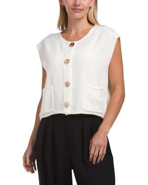 TJ Maxx Scoop Neck Textured Stitch Vest With Buttons, Acrylic - White