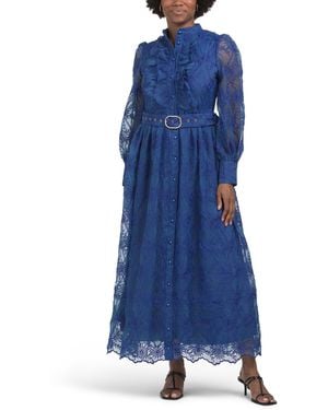 TJ Maxx Long Sleeve Mock Neck Lace Dress With Belt For Spandex/Polyester - Blue